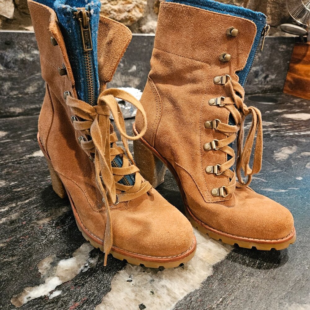 UGG Fabrice -- Chestnut Block Heel Lace Up Wool Lined Boots - Picture 2 of 4